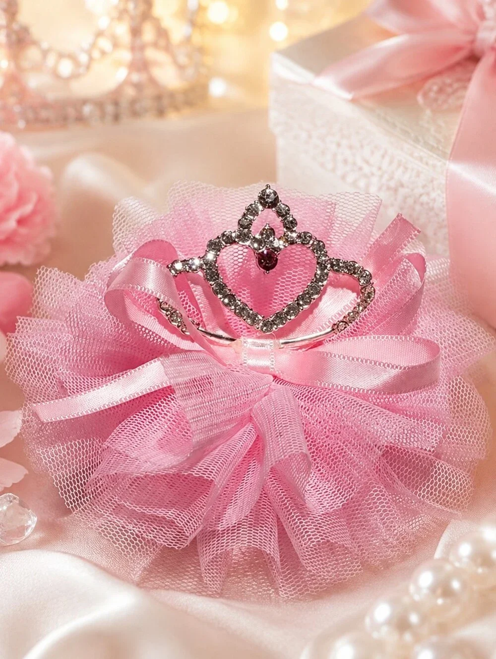 Pink Princess Crown Tulle Hair Bow Clip Rhinestone Girls NWT 4.5